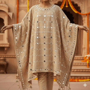 Beige Woolen Poncho with Mirror Work