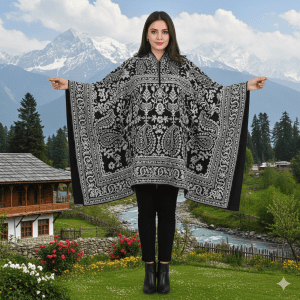 Black & White Wool Poncho with Patterns
