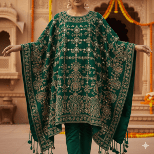 Bottle Green Wool Poncho with Thread Work