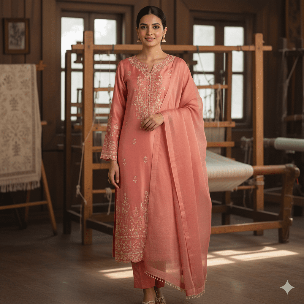 Coral Pink Cotton Suit with Embroidery