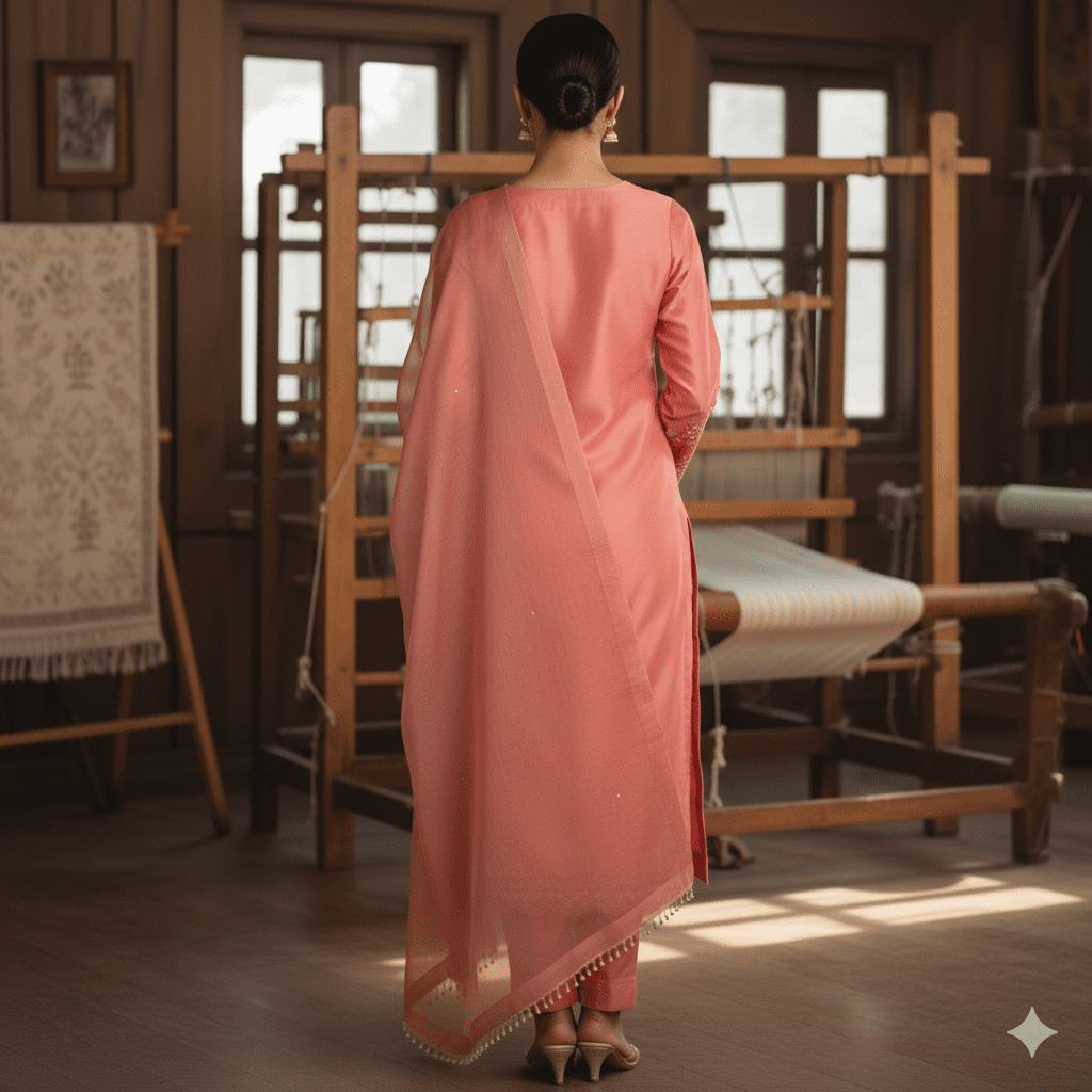 Coral Pink Cotton Suit with Embroidery - Image 2