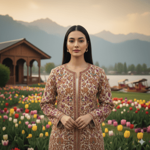 Cream Woolen Pheran with Aari Motifs