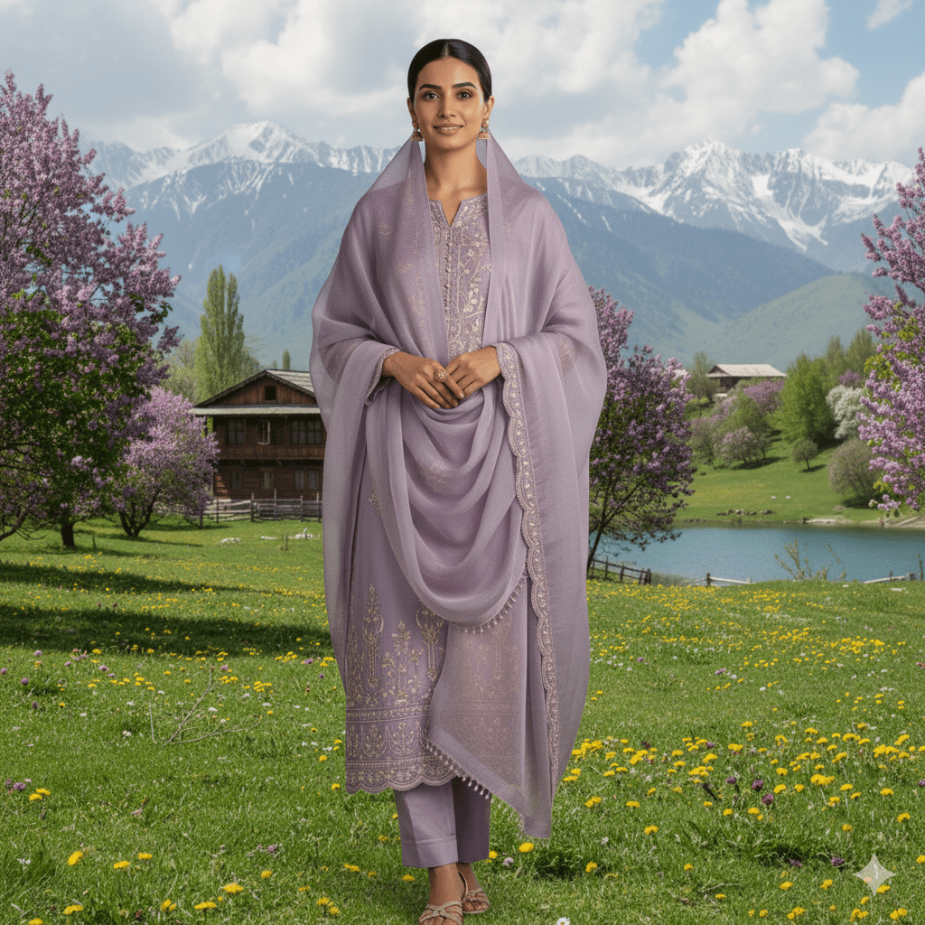 Lilac Cotton Satin Suit with Aari Embroidery