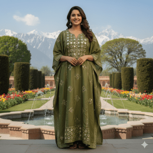 Olive Green Kaftan with Mirror Work