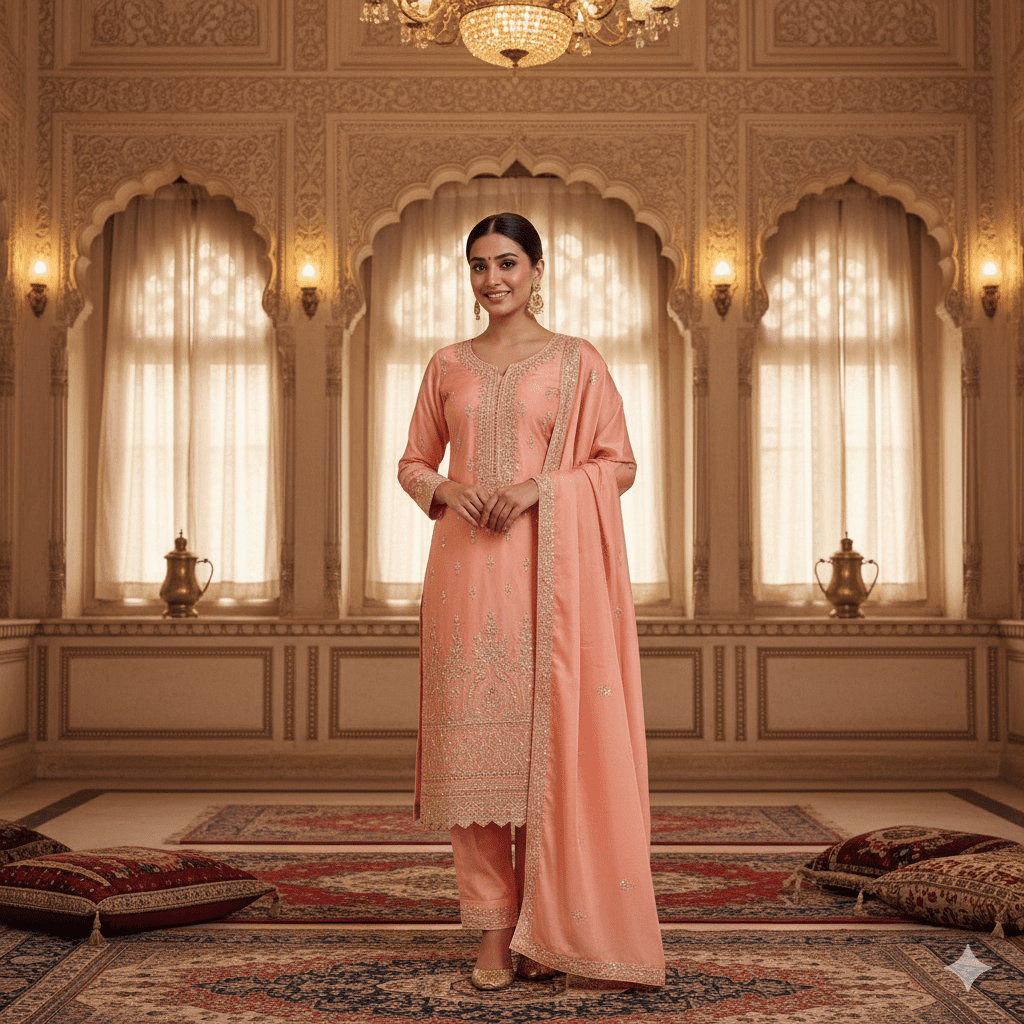 Peach Cotton Satin Suit with Sequins