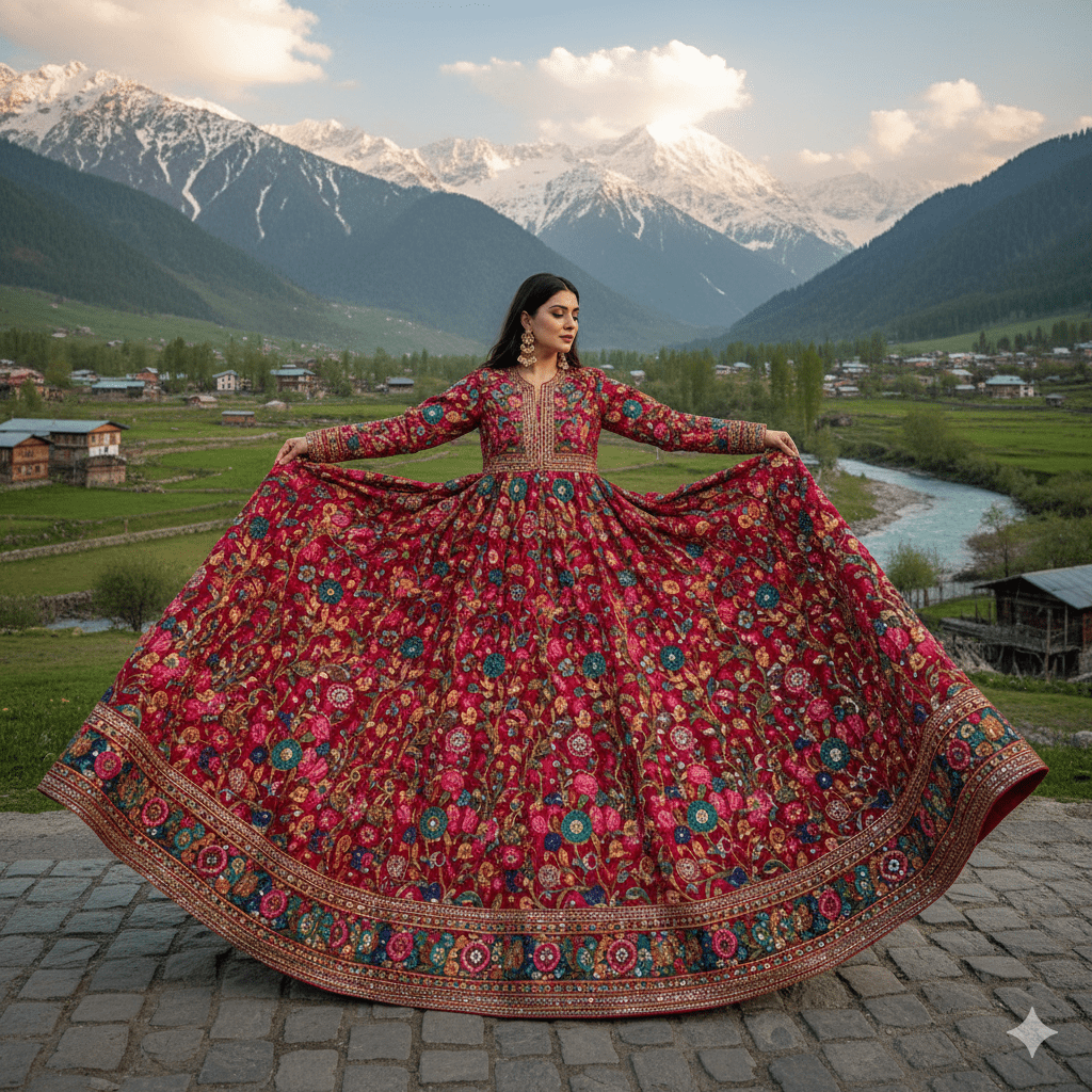 Red Woolen Pheran with Floral Designs