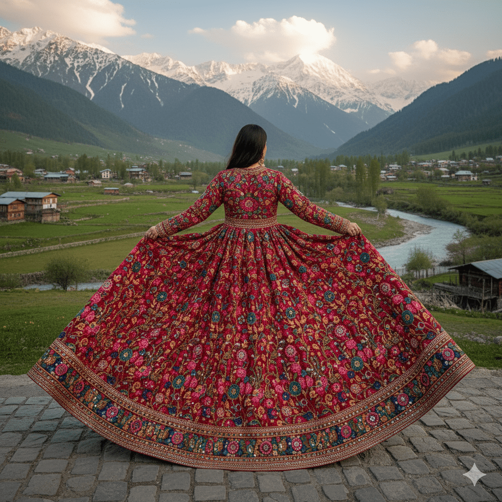 Red Woolen Pheran with Floral Designs - Image 2