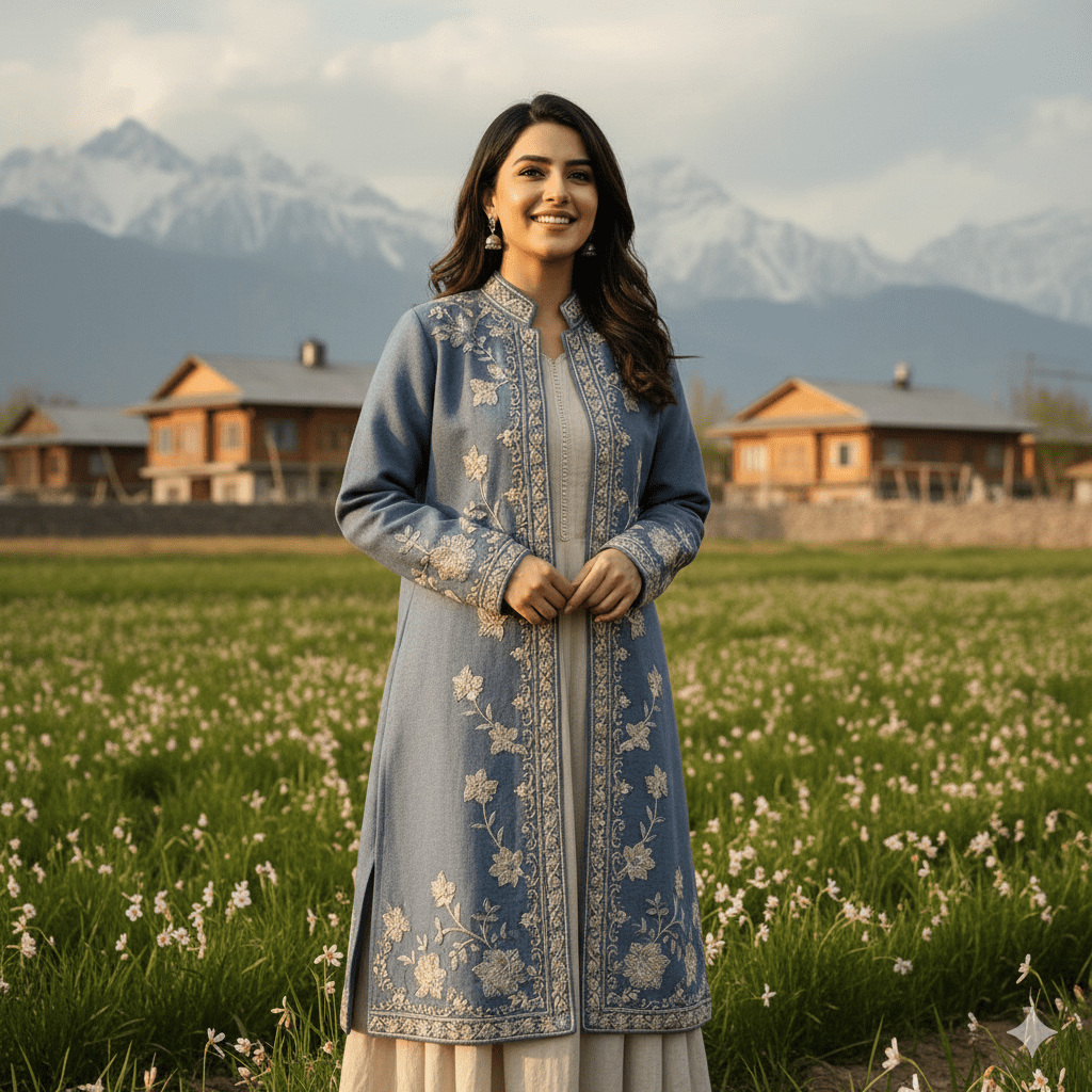 Smoky Sky Aari Embroidered Long Jacket