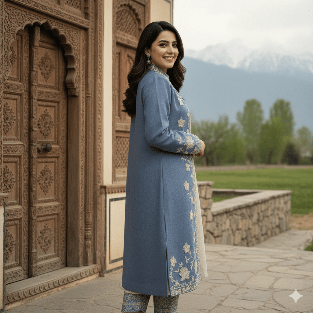 Smoky Sky Aari Embroidered Long Jacket - Image 2