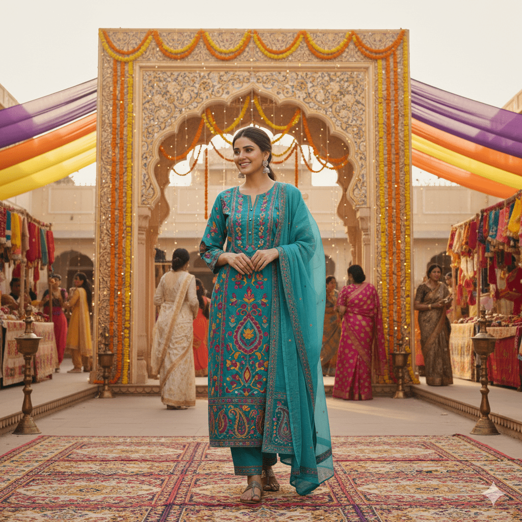 Turquoise Blue Cotton Suit with Aari Work