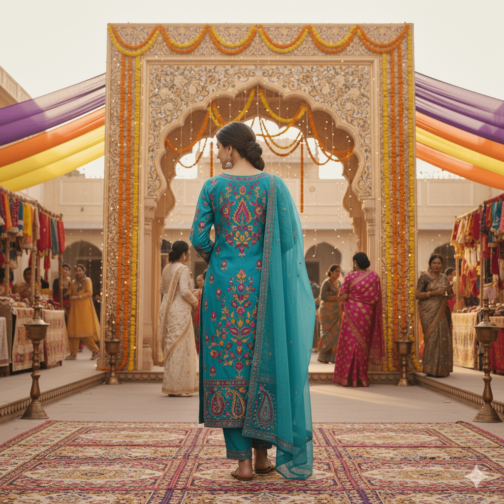 Turquoise Blue Cotton Suit with Aari Work - Image 2