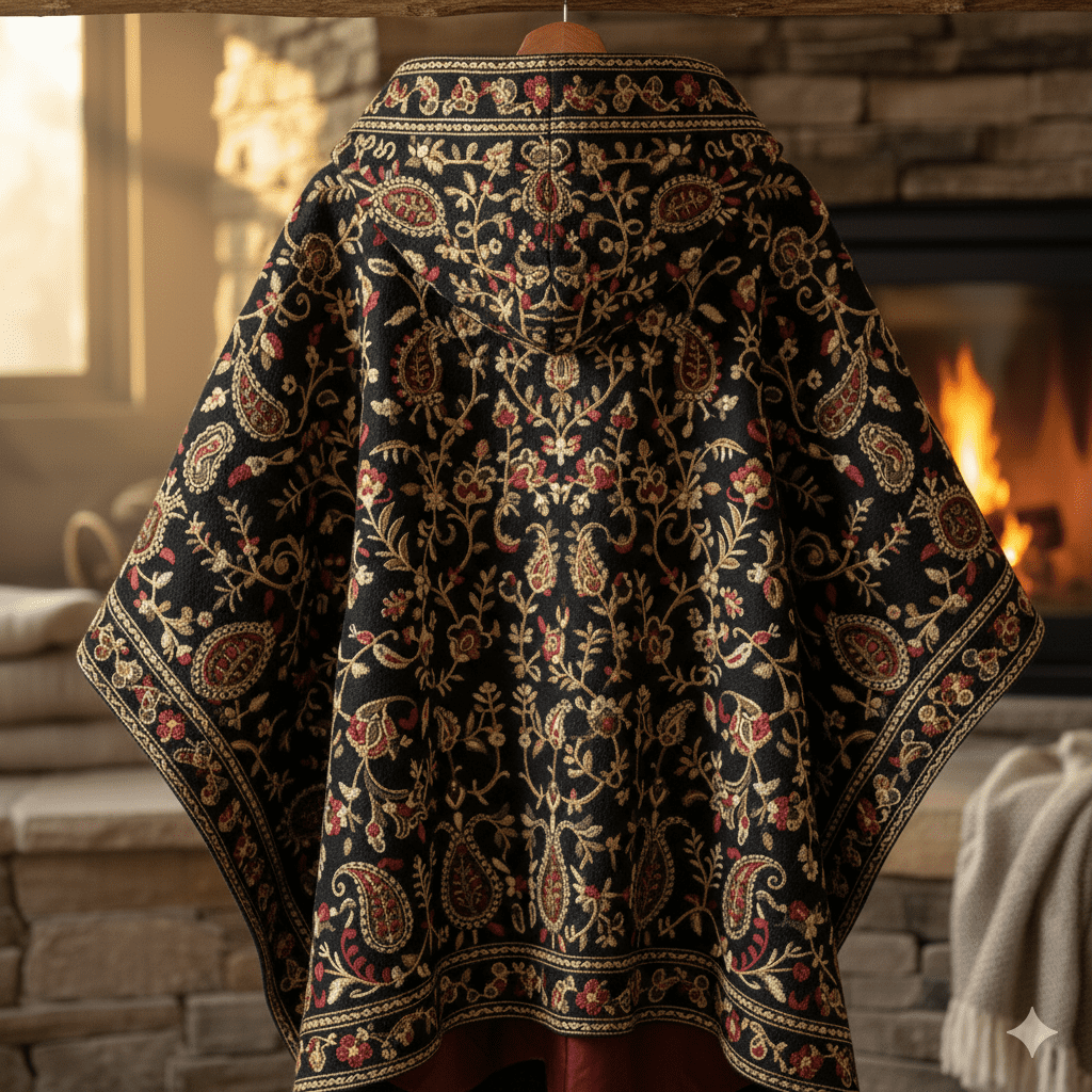 Woollen Poncho with Kashmiri Embroidery and Silk Lining (Black) - Image 2